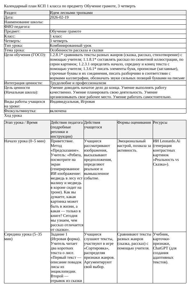 КСП Обучение грамоте 1 класс 3 четверть Особенности рассказа и сказки