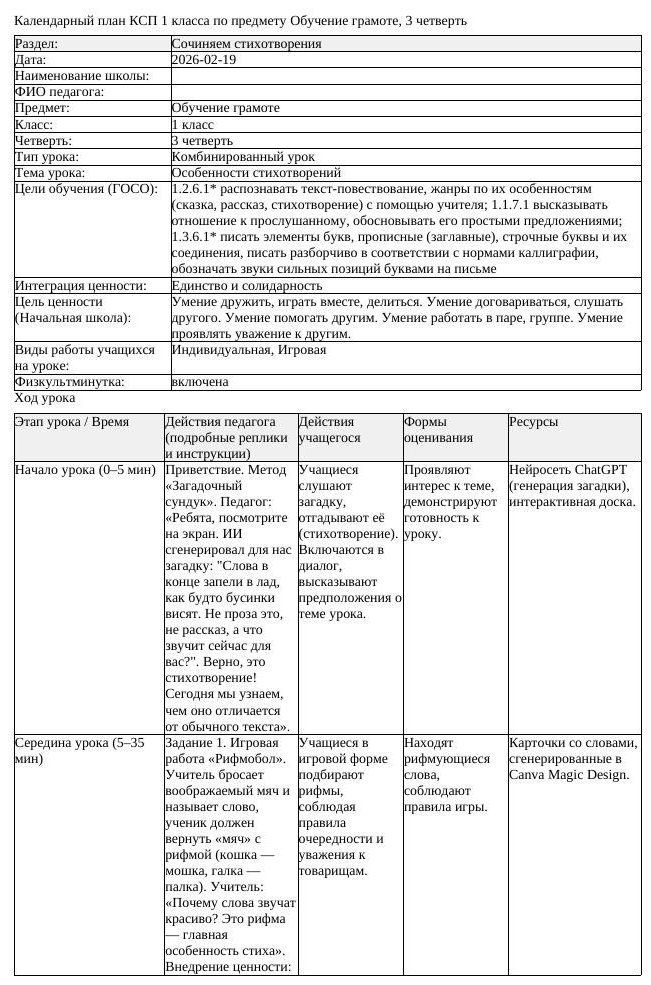 КСП Обучение грамоте 1 класс 3 четверть Особенности стихотвореий