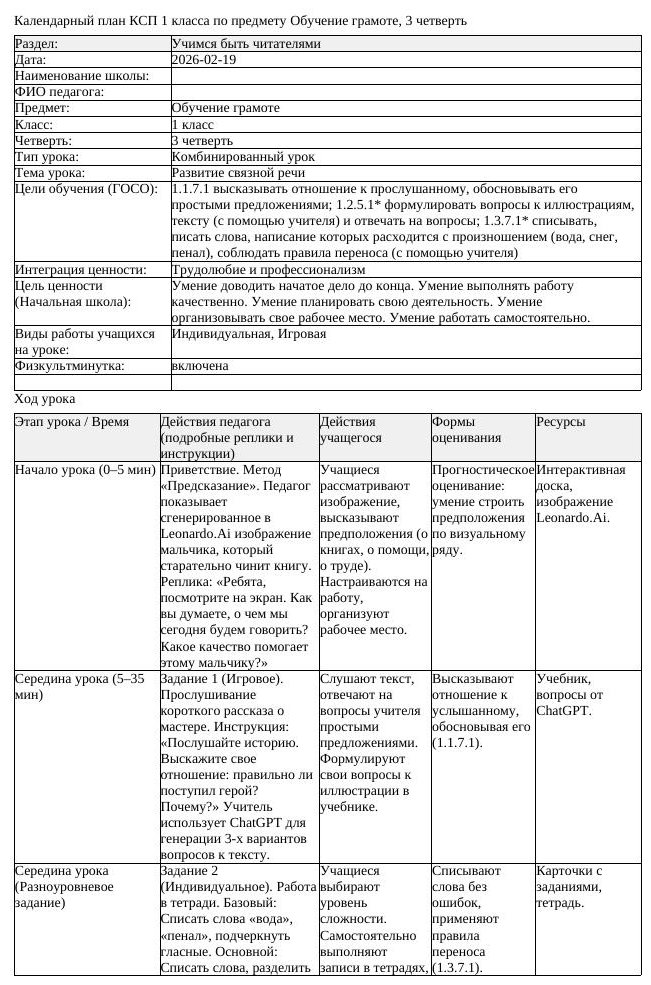 КСП Обучение грамоте 1 класс 3 четверть Развитие связной речи