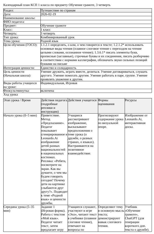 КСП Обучение грамоте 1 класс 3 четверть Родной язык docx