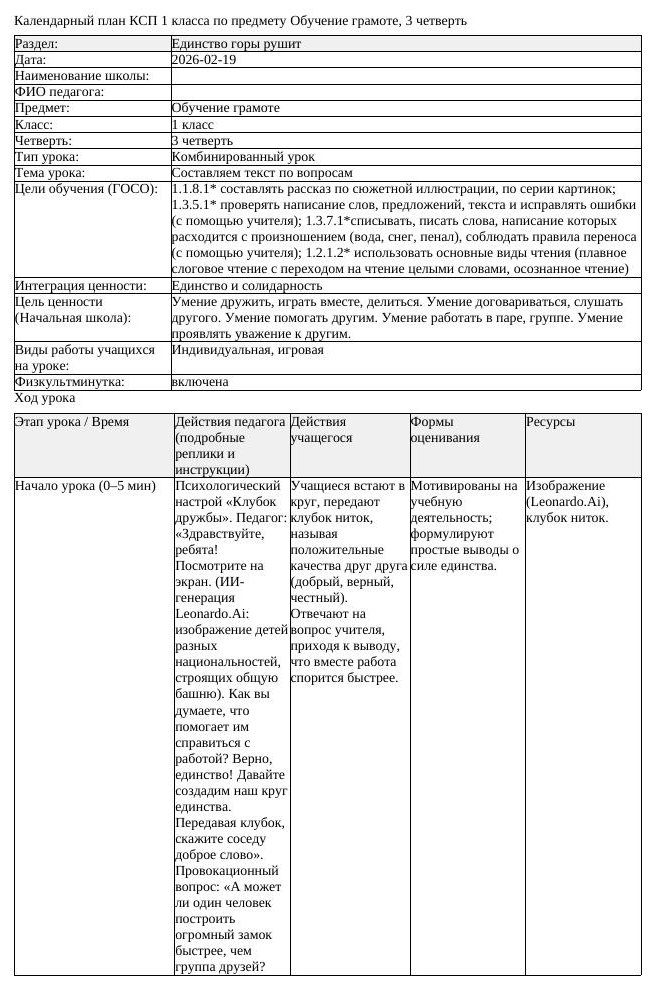 КСП Обучение грамоте 1 класс 3 четверть Составляем текст по вопросам