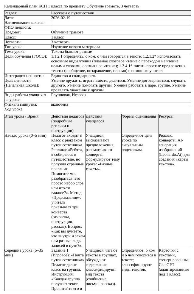 КСП Обучение грамоте 1 класс 3 четверть Тексты бывают разные (урок 3)