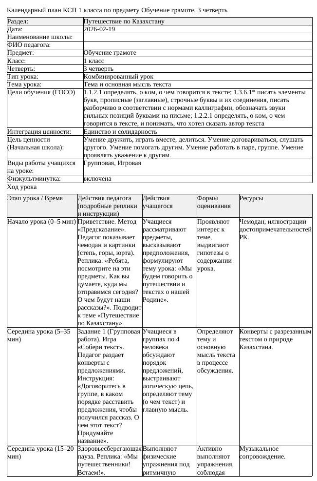 КСП Обучение грамоте 1 класс 3 четверть Тема и основная мысль текста