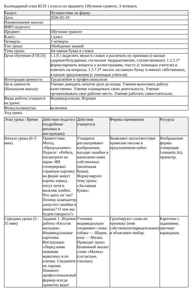 КСП Обучение грамоте 1 класс 3 четверть Заглавная буква в словах (урок 1)
