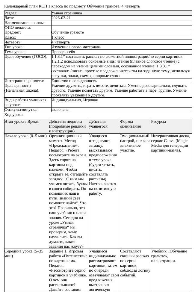 КСП Обучение грамоте 1 класс 4 четверть Проверь себя docx (урок 2)