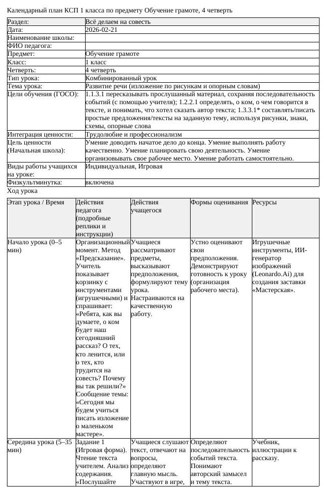 КСП Обучение грамоте 1 класс 4 четверть Развитие речи изложение по
