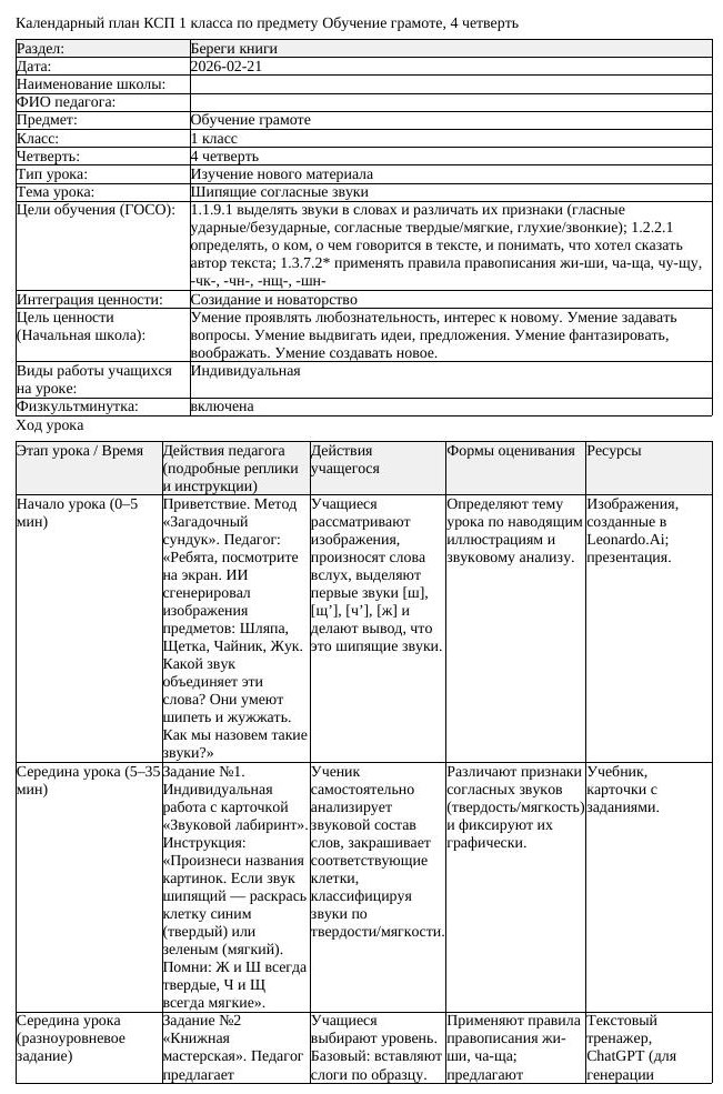 КСП Обучение грамоте 1 класс 4 четверть Шипящие согласные звуки