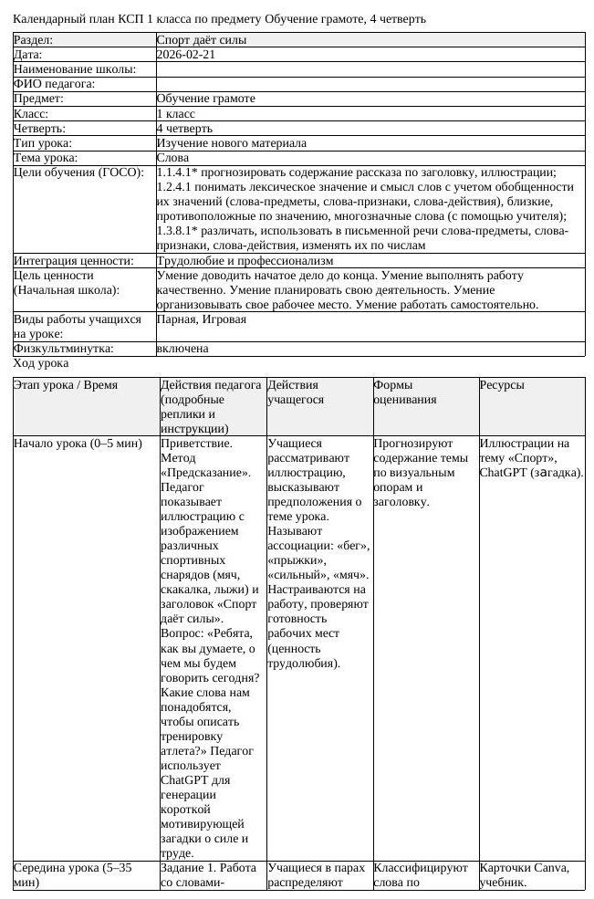 КСП Обучение грамоте 1 класс 4 четверть Слова docx