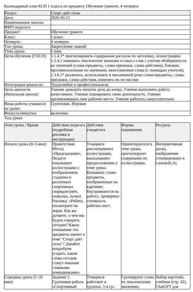 КСП Обучение грамоте 1 класс 4 четверть Слова docx 2