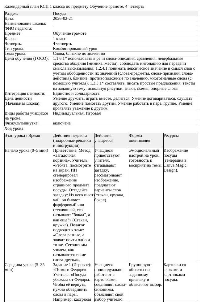 КСП Обучение грамоте 1 класс 4 четверть Слова близкие по значению