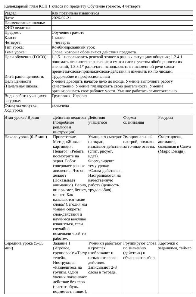 КСП Обучение грамоте 1 класс 4 четверть Слова которые обозначают (урок 1)