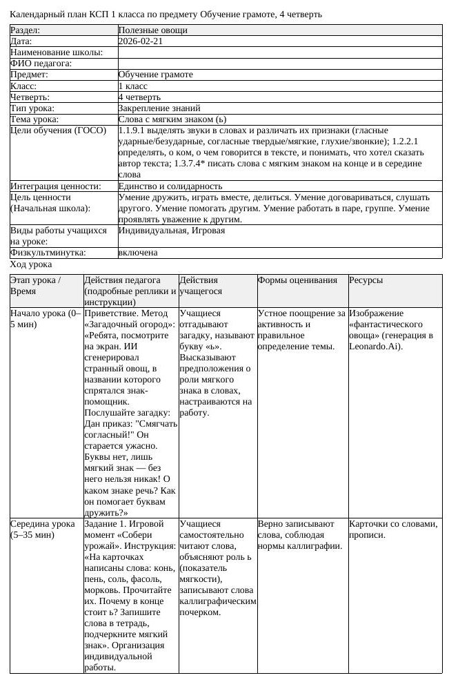 КСП Обучение грамоте 1 класс 4 четверть Слова с мягким знаком ь (урок 1)