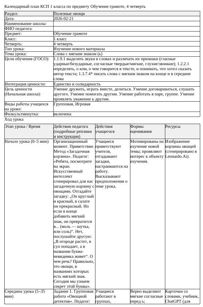 КСП Обучение грамоте 1 класс 4 четверть Слова с мягким знаком ь (урок 2)