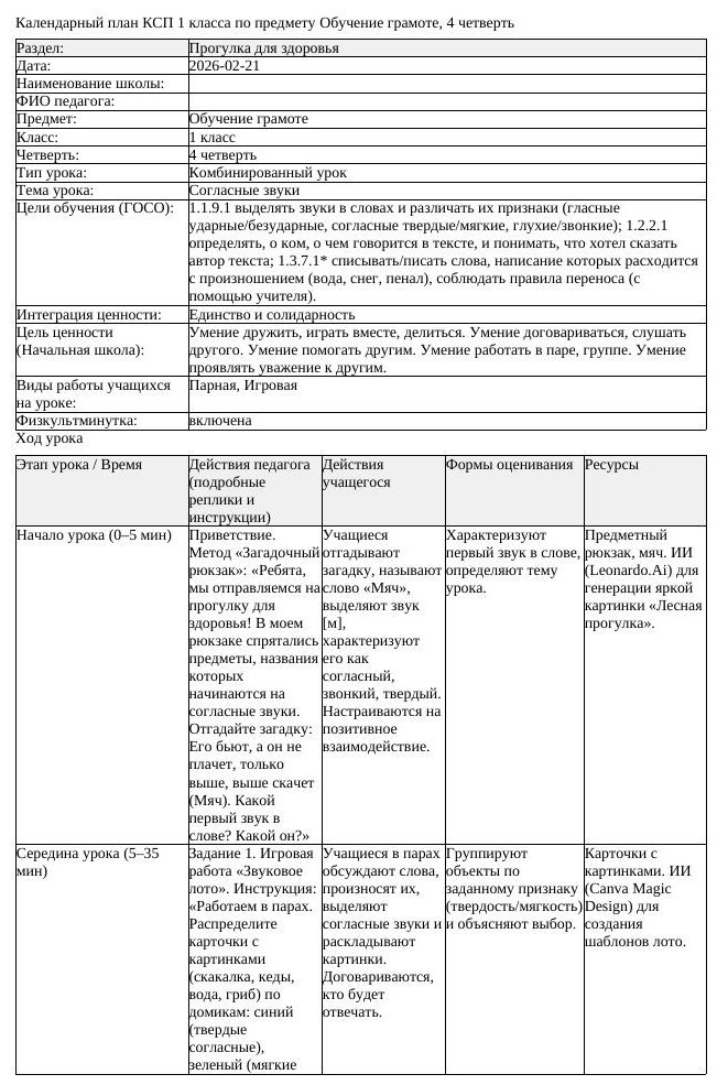КСП Обучение грамоте 1 класс 4 четверть Согласные звуки