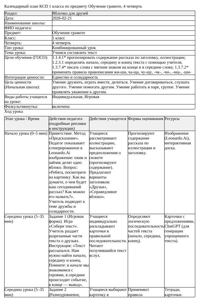 КСП Обучение грамоте 1 класс 4 четверть Учимся составлять текст