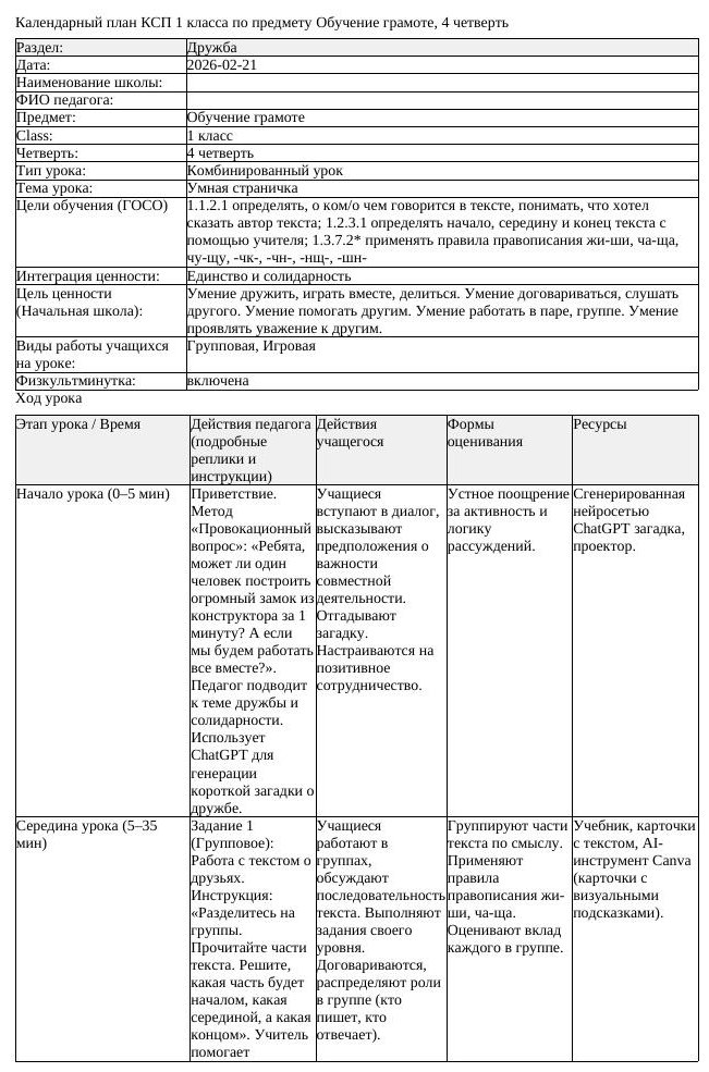 КСП Обучение грамоте 1 класс 4 четверть Умная страничка