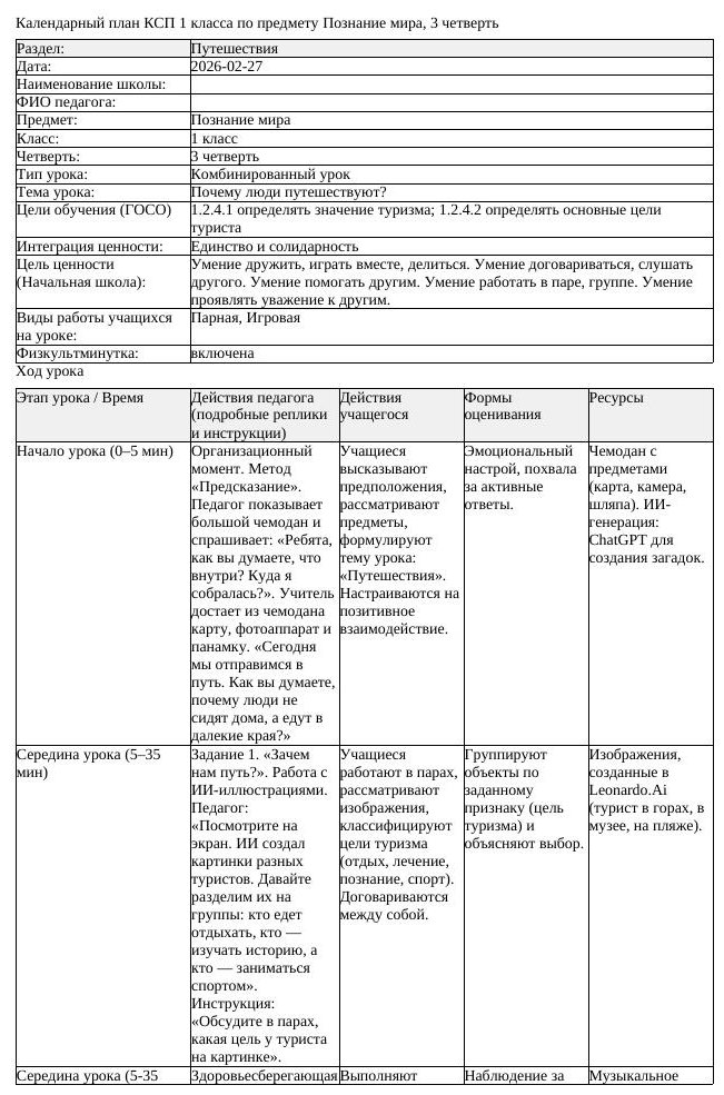 КСП Познание мира 1 класс 3 четверть Почему люди путешествуют