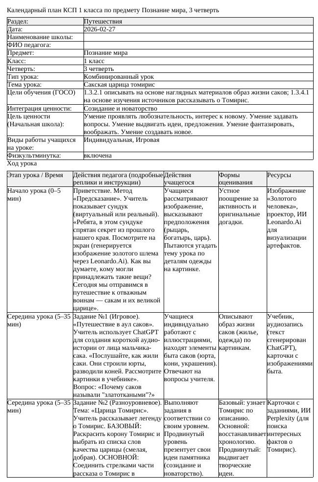 КСП Познание мира 1 класс 3 четверть Сакская царица томирис (урок 1)