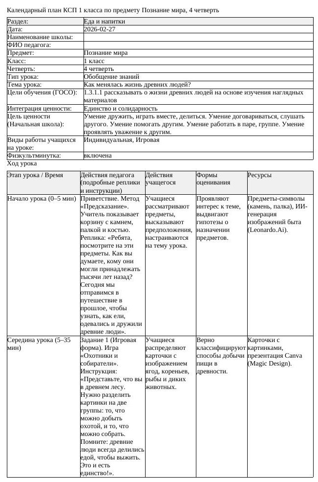 КСП Познание мира 1 класс 4 четверть Как менялась жизнь древних людей