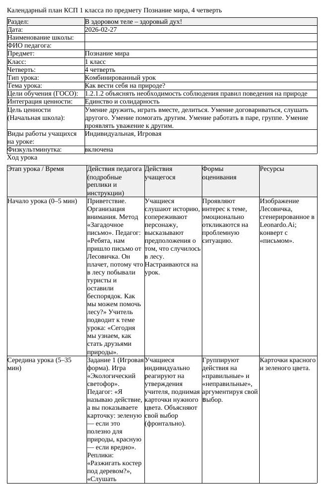 КСП Познание мира 1 класс 4 четверть Как вести себя на природе