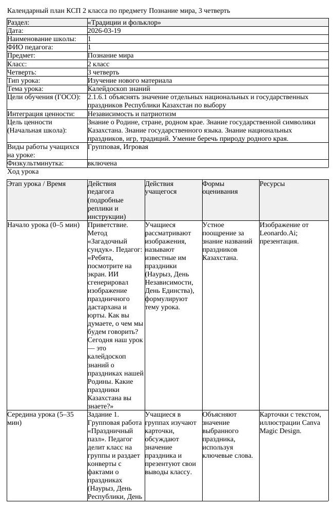 КСП Познание мира 2 класс 3 четверть Калейдоскоп знаний