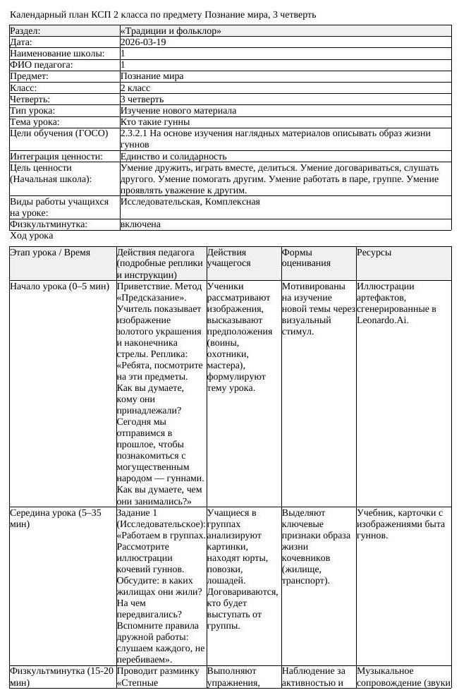 КСП Познание мира 2 класс 3 четверть Кто такие гунны docx