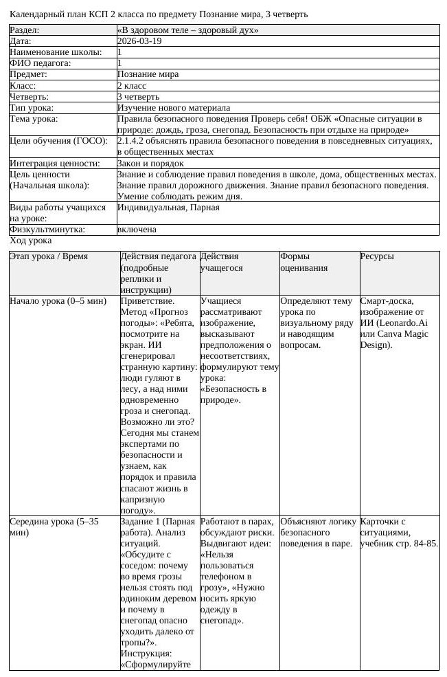КСП Познание мира 2 класс 3 четверть Правила безопасного поведения