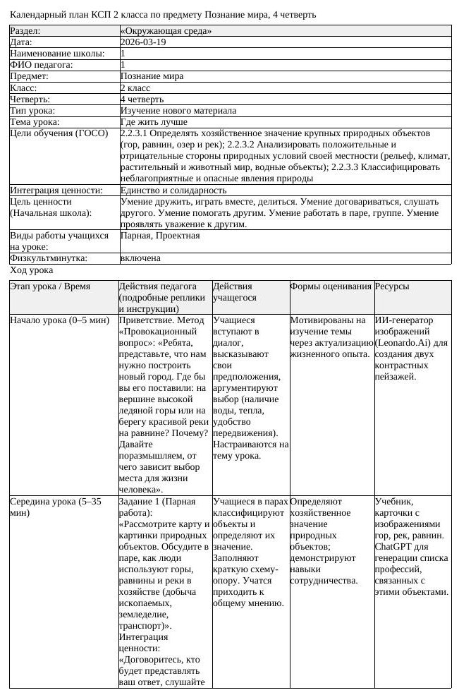 КСП Познание мира 2 класс 4 четверть Где жить лучше docx