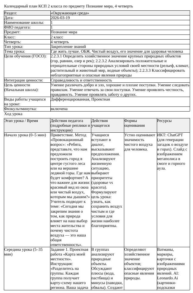 КСП Познание мира 2 класс 4 четверть Где жить лучше ОБЖ Чистый воздух