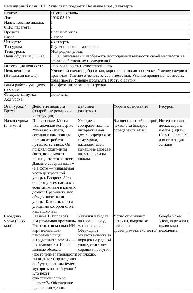КСП Познание мира 2 класс 4 четверть Моя родная улица docx