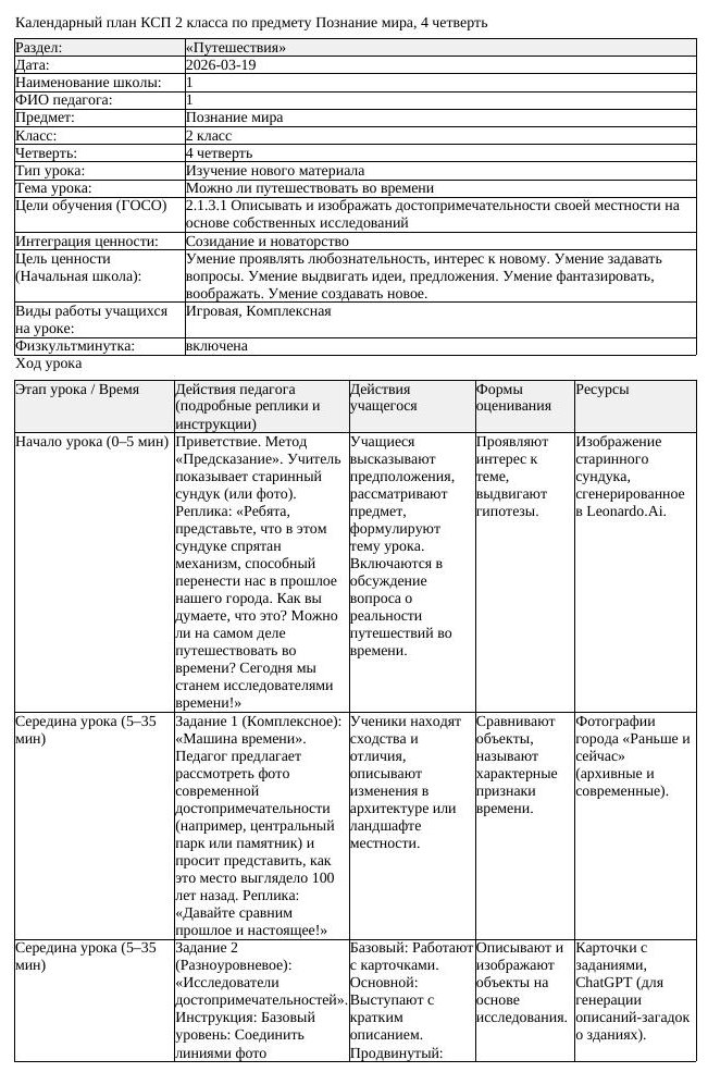 КСП Познание мира 2 класс 4 четверть Можно ли путешествовать во времени