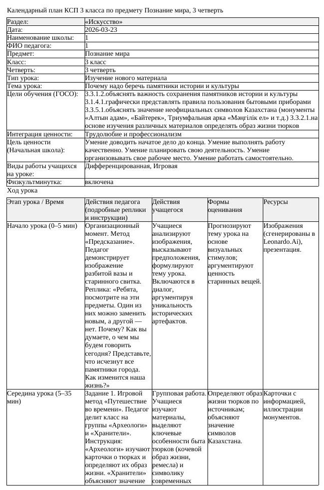 КСП Познание мира 3 класс 3 четверть Почему надо беречь памятники