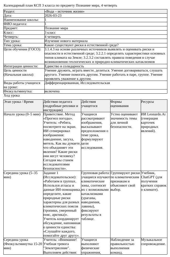 КСП Познание мира 3 класс 4 четверть Какие существуют риски в естественной