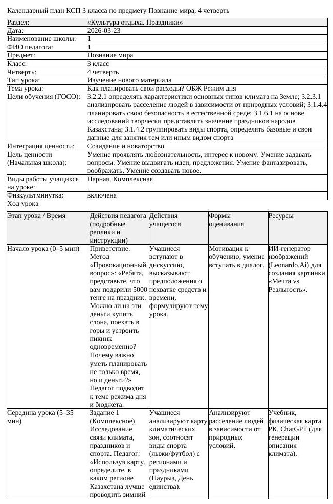 КСП Познание мира 3 класс 4 четверть Как планировать свои расходы