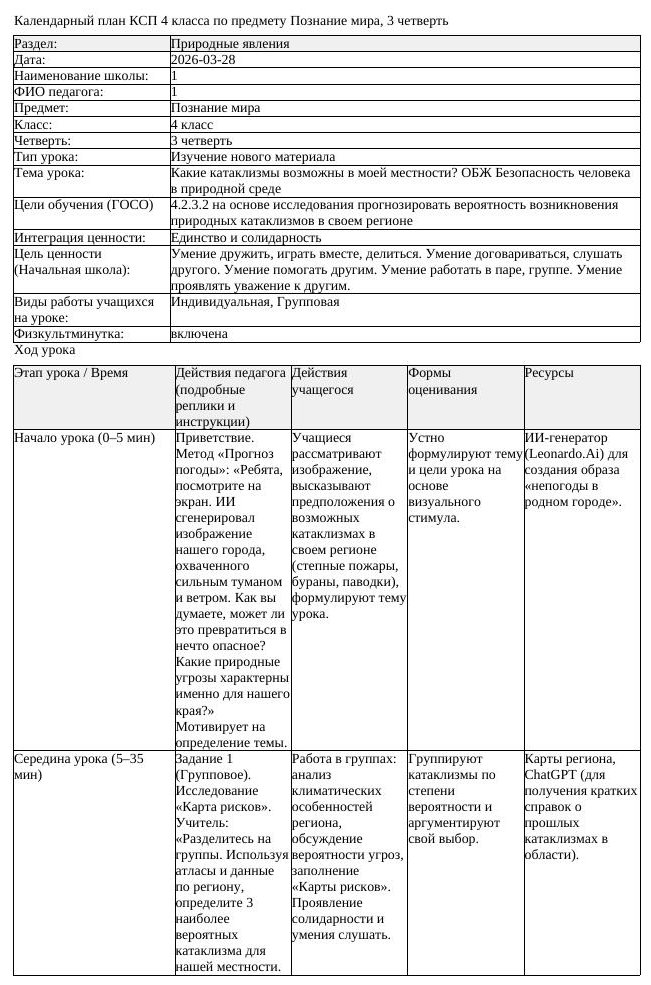 КСП Познание мира 4 класс 3 четверть Какие катаклизмы возможны в
