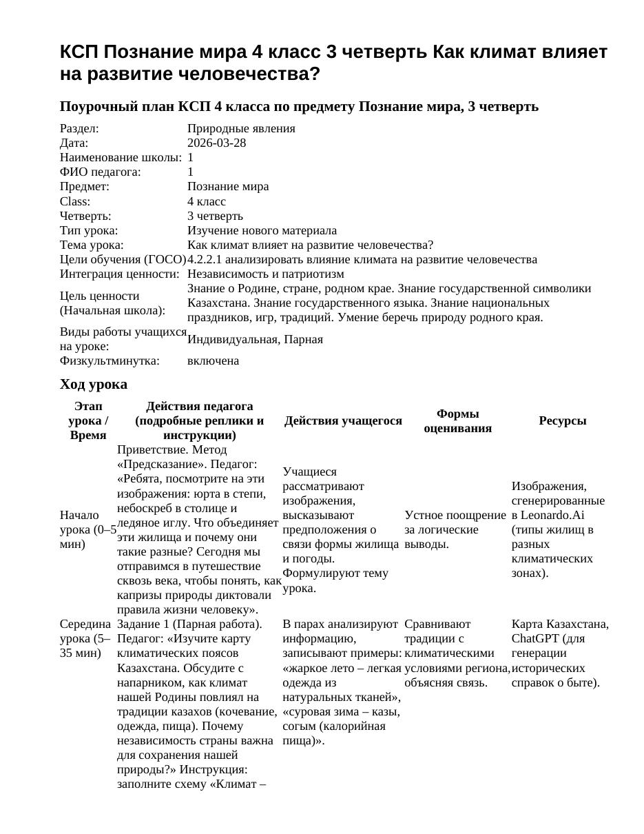 КСП Познание мира 4 класс 3 четверть Как климат влияет на развитие человечества?