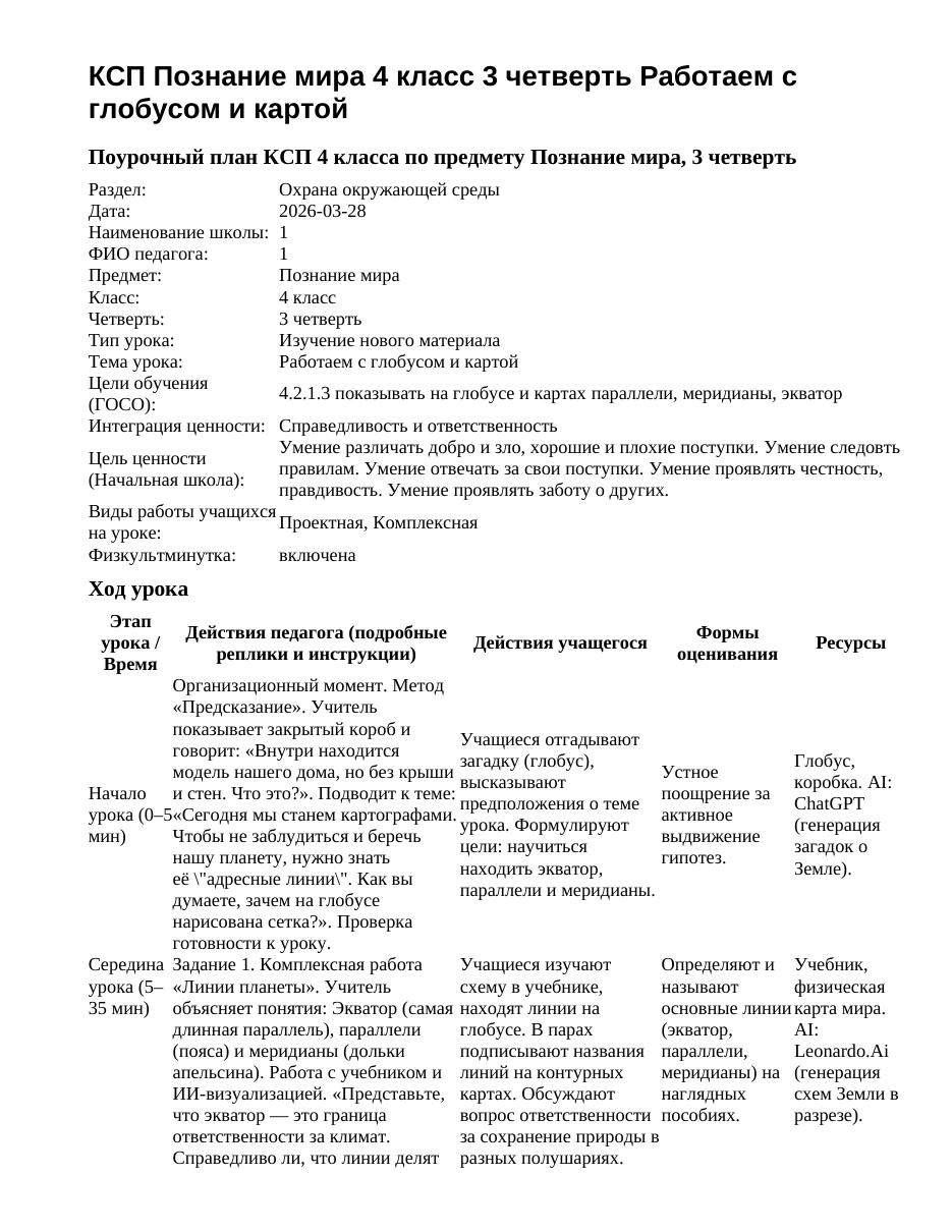 КСП Познание мира 4 класс 3 четверть Работаем с глобусом и картой
