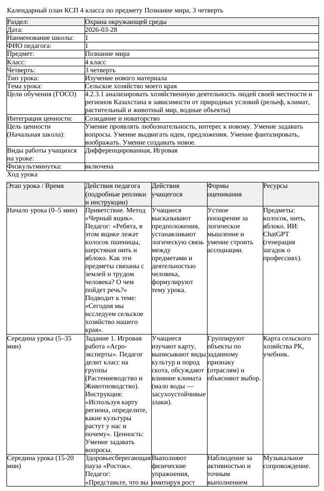 КСП Познание мира 4 класс 3 четверть Сельское хозяйство моего края (урок 1)