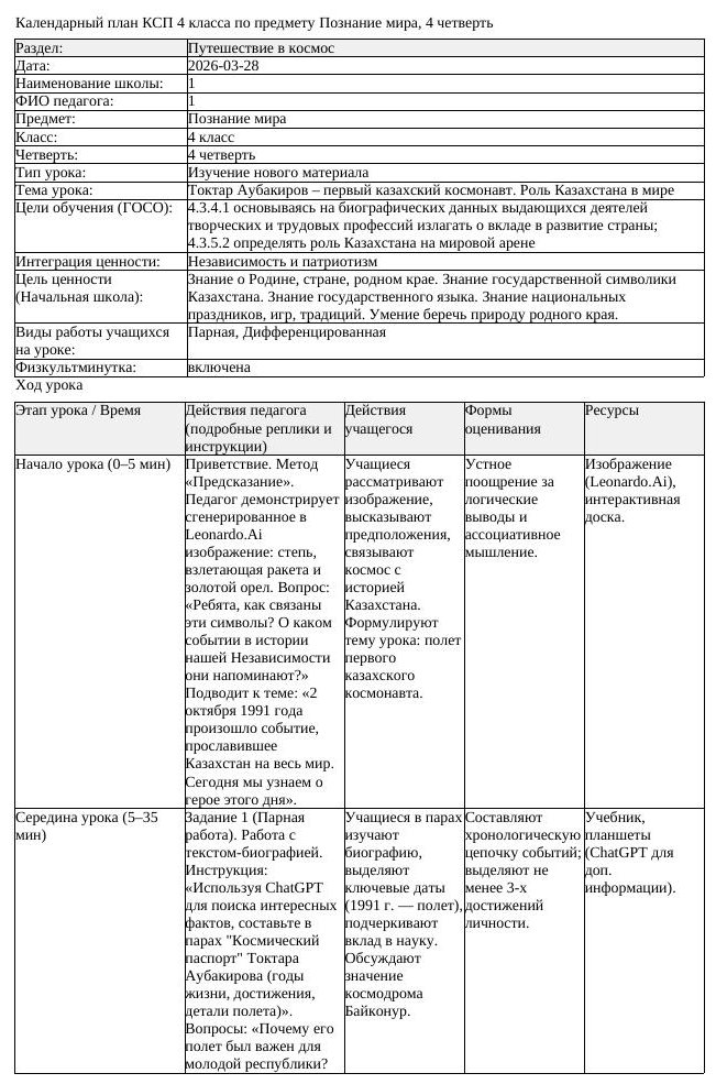 КСП Познание мира 4 класс 4 четверть Токтар Аубакиров первый казахский