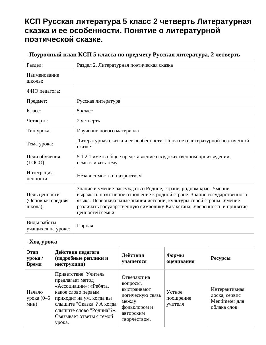 КСП Русская литература 5 класс 2 четверть Литературная сказка и ее особенности. Понятие о литературной поэтической сказке.
