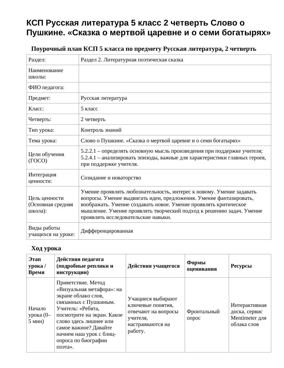 КСП Русская литература 5 класс 2 четверть Слово о Пушкине. «Сказка о мертвой царевне и о семи богатырях»