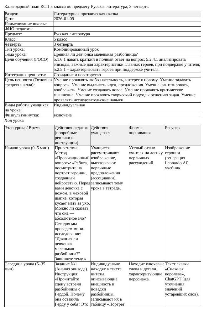 КСП Русская литература 5 класс 3 четверть Дрянная ли девчонка маленькая