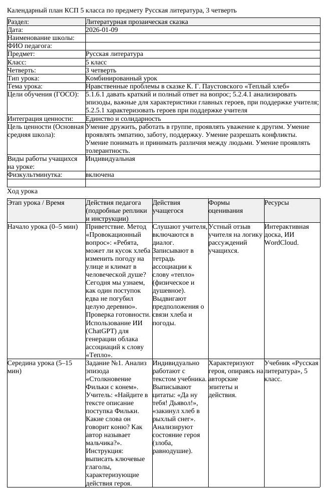 КСП Русская литература 5 класс 3 четверть Нравственные проблемы в