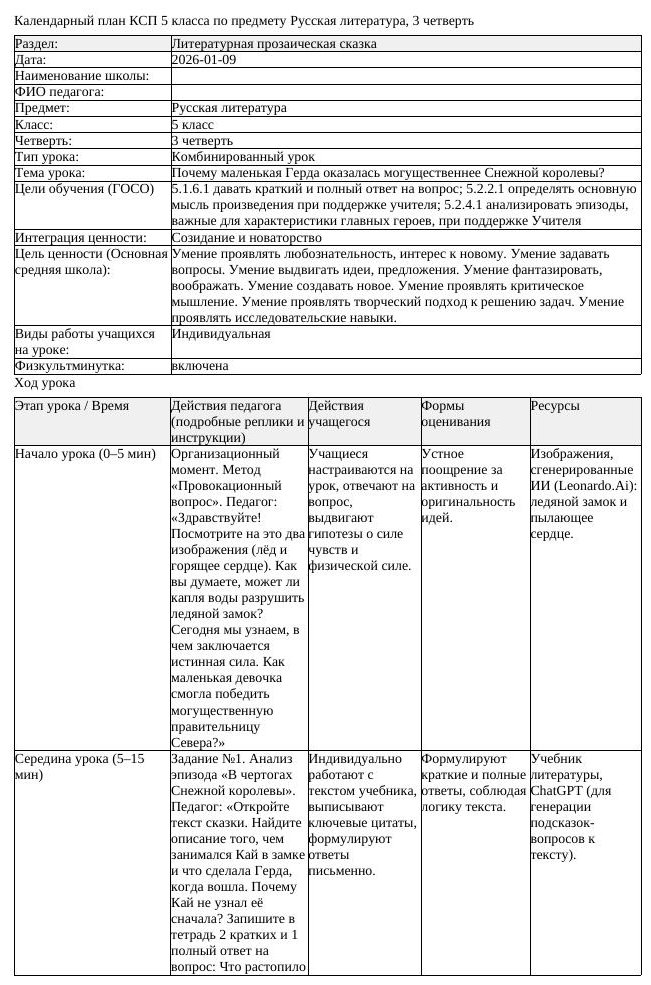 КСП Русская литература 5 класс 3 четверть Почему маленькая Герда оказалась