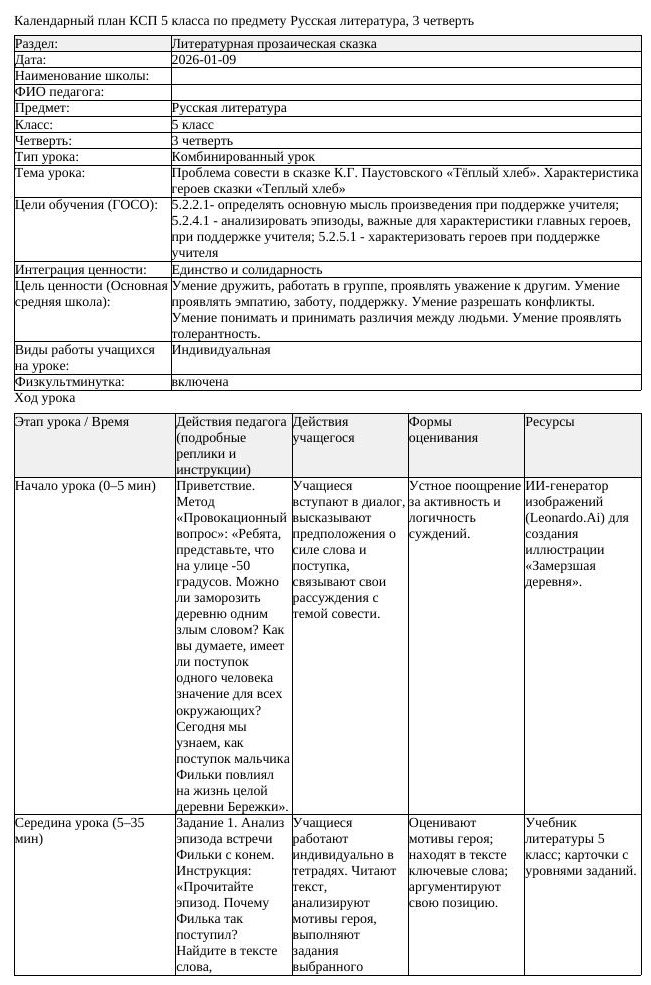КСП Русская литература 5 класс 3 четверть Проблема совести в сказке