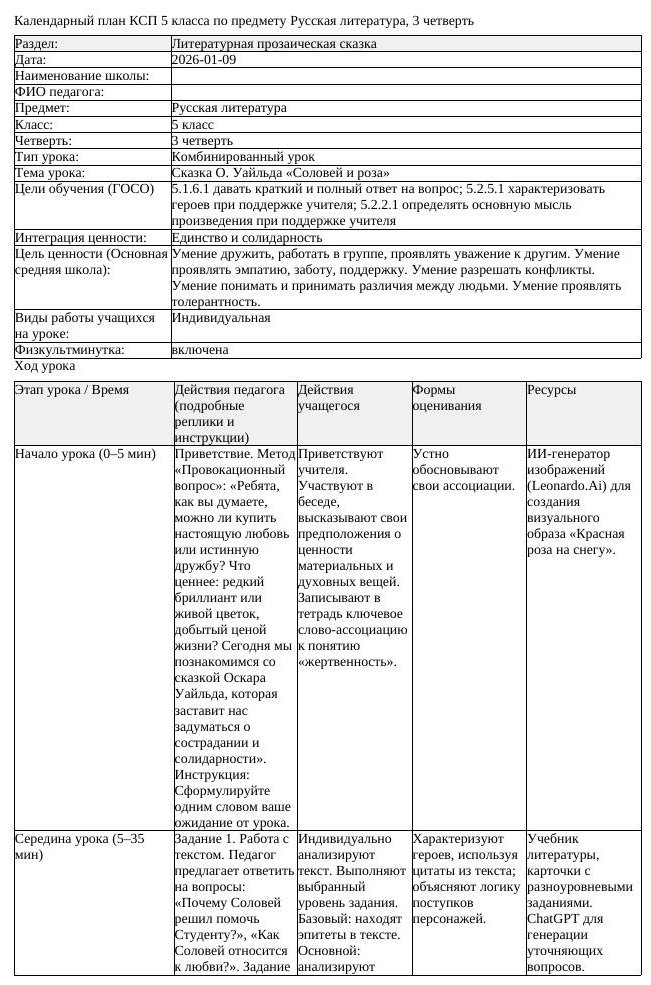КСП Русская литература 5 класс 3 четверть Сказка О Уайльда Соловей