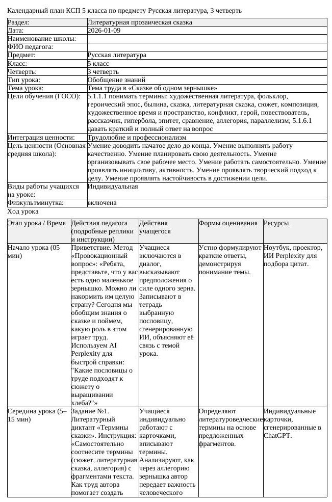 КСП Русская литература 5 класс 3 четверть Тема труда в Сказке об одном