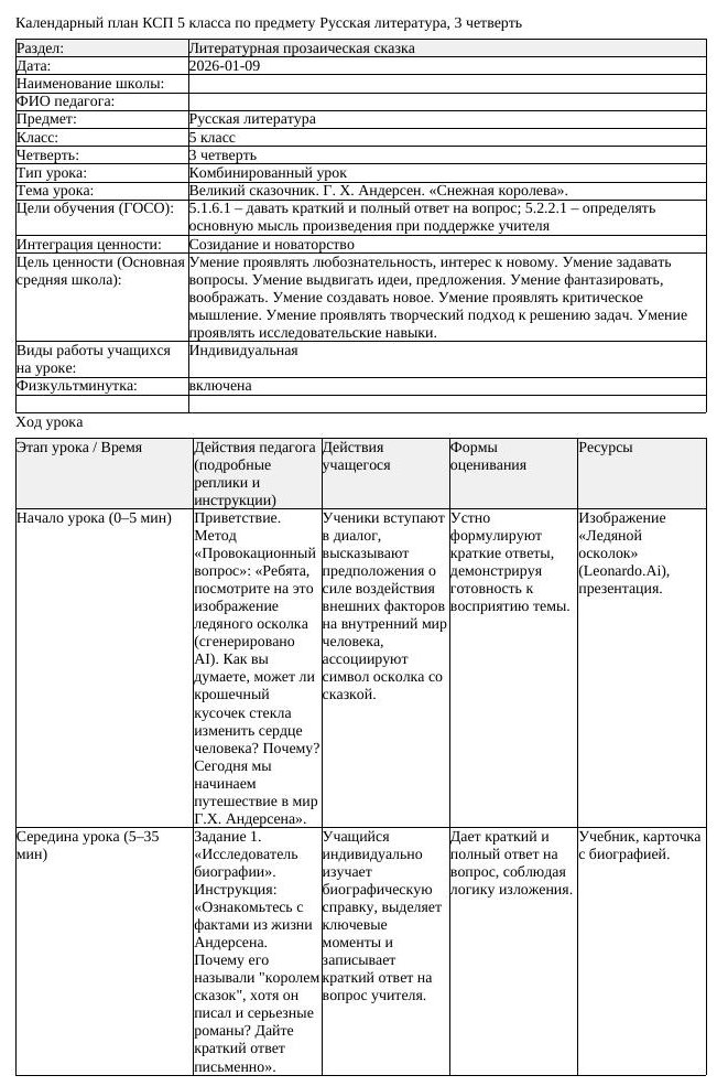 КСП Русская литература 5 класс 3 четверть Великий сказочник Г Х Андерсен