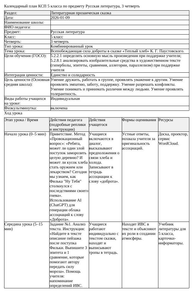 КСП Русская литература 5 класс 3 четверть Всепобеждающая сила доброты