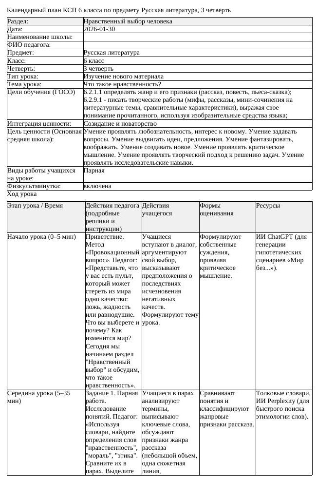 КСП Русская литература 6 класс 3 четверть Что такое нравственность